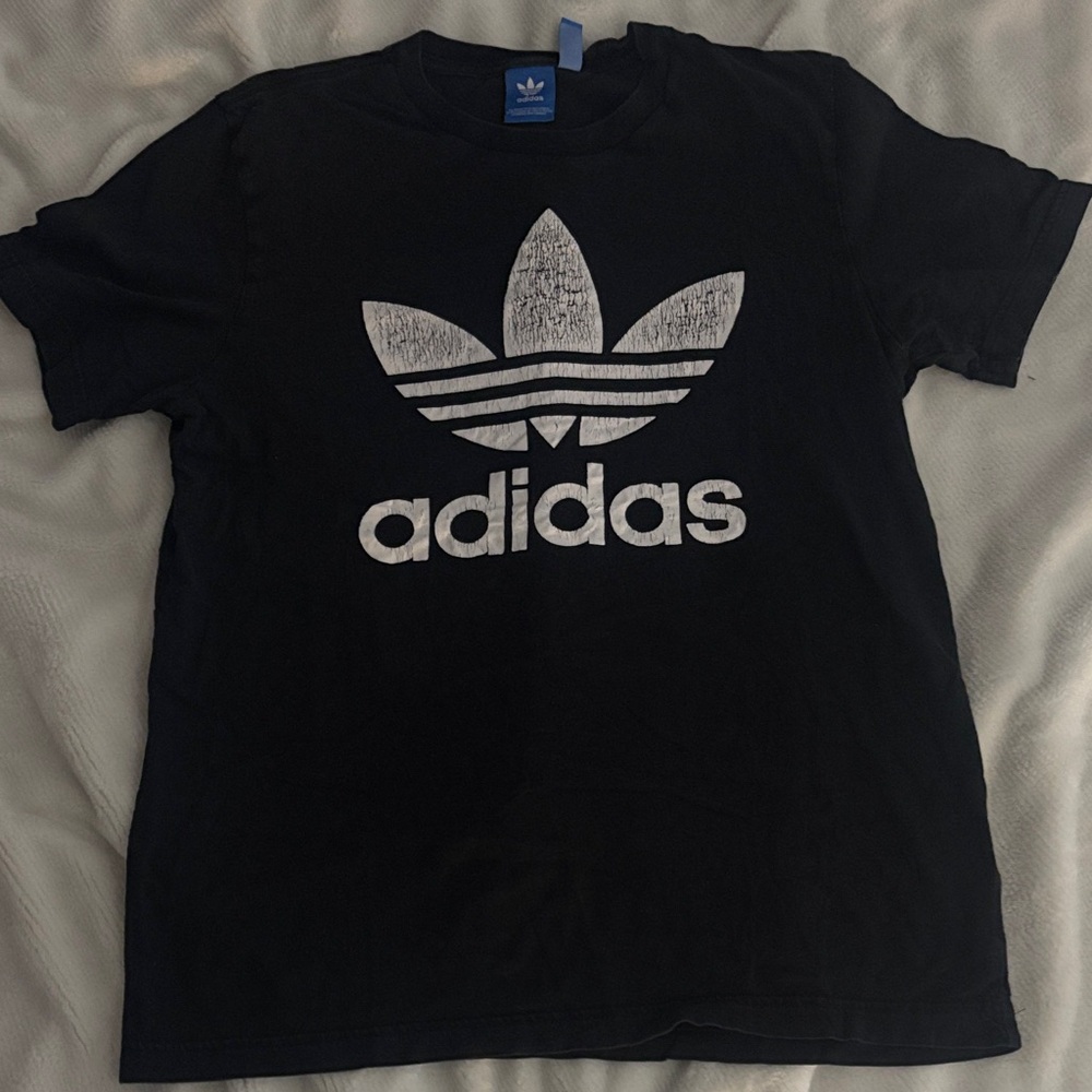 Adidas Black Tee with Distressed White Trefoil